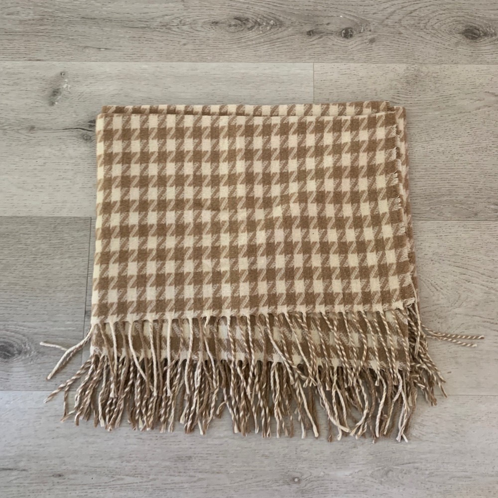 Talbots Houndstooth Wool Blend Scarf Tan Cream Made in Italy Fringe Trim
